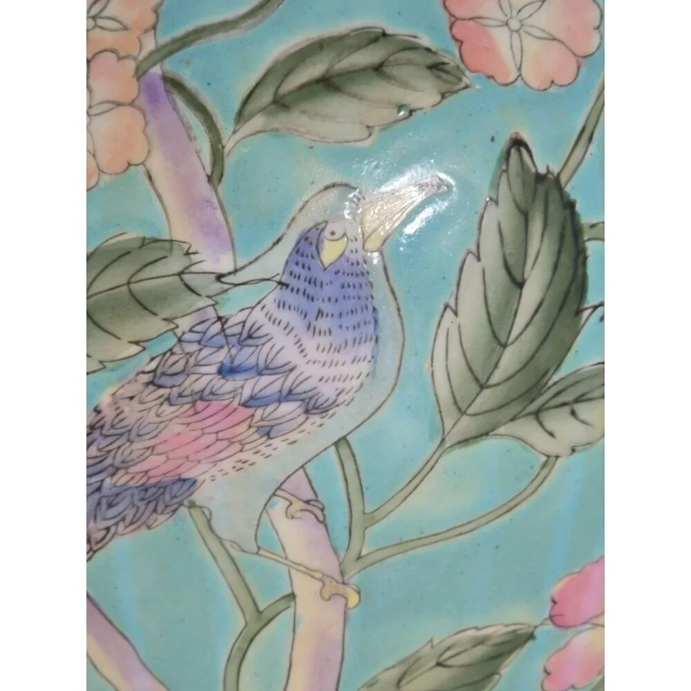 Vintage Floral Ceramic Table Lamp With Hand-Painted Bird Design On Wood Base